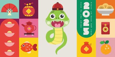 chinese New Year 2025 greeting card or banner design with snake and chinese decorative elements vector