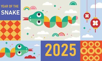 Happy chinese new year 2025 the snake zodiac sign with minimal trendy design elements red paper cut style on color background. vector