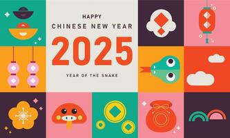 2025 chinese new year, happy chinese new year 2025, year of the snake, Modern minimalist geometric style new year background, Colorful illustration cartoon style, chinese zodiac snake vector