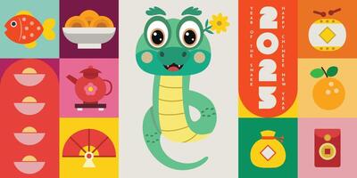 happy new year 2025, Chinese new year, year of snake Modern minimalist geometric style Chinese new year elements. Colorful illustration in flat cartoon style, in geometric patterns vector