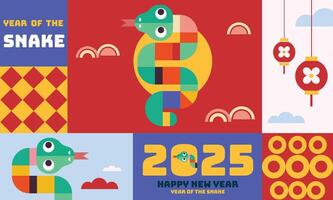 Chinese New Year 2025 modern art design in red, gold and white colors for cover, card, poster, banner with trendy geometric pattern. Hieroglyphics mean Happy New Year and symbol of of the Snake vector