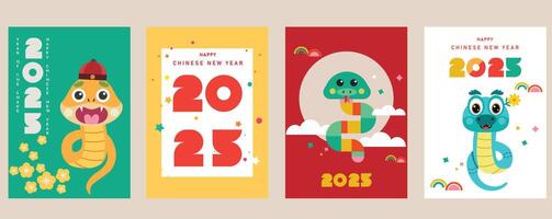 Happy New Year 2025, Chinese New Year, Year of the Snake Modern minimalist geometric style Chinese New Year elements. Colorful illustration in flat cartoon style, in geometric patterns vector