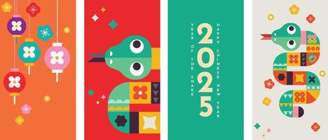 Happy chinese new year 2025 the snake zodiac sign with flower,lantern,asian elements snake red and yellow paper cut style on color background. vector