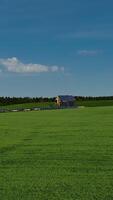 Solar farm on green field. Flying over the field of agricultural plants to the modern complex with many solar panels. Alternative energy. Aerial view. Vertical video