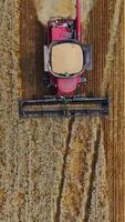 Top view of a combine harvester at work. View from above on a red agricultural machine in the field. Aerial view. Slow motion. Vertical video