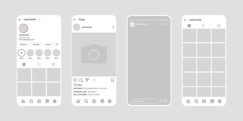 Social network app interface mockup design. Modern social media platform profile story layout template