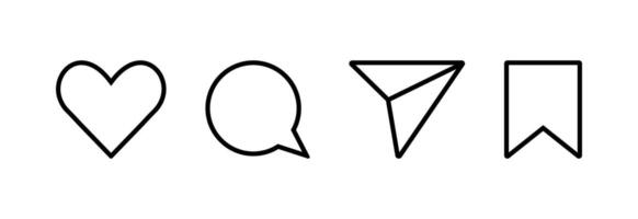 Social media like comment share save icon collection in line style. Set of social network user interface button icons on white background illustration vector