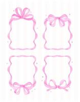 Coquette Pink Ribbon bow Vertical Frame Watercolor set Preppy Retro Grandmillennial style collection vector