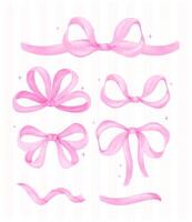 Coquette Pink Ribbon bow Watercolor element set Preppy Retro Grandmillennial style collection vector
