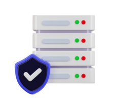Data center with protect shield icon, server 3D icon. Server, Data, Web Hosting, cloud storage security icon 3d render png