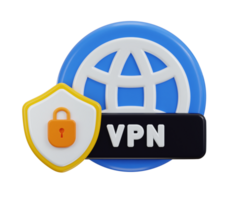 VPN icon 3d render with padlock, globe and protect shield icon concept of Private network system icon png