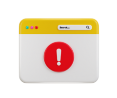Web page with attention exclamation sign warning or danger risk message icon 3d render png