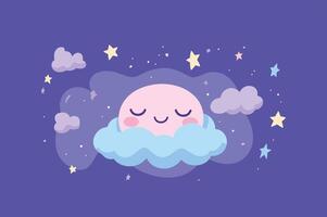 sleeping moon resting on a cloud with stars around. vector