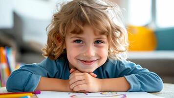 A little boy sitting at a table with a smile on his face video