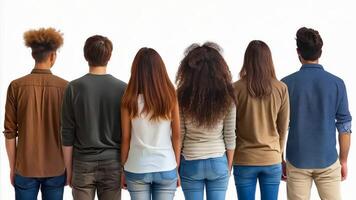 un grupo de personas en pie en un fila frente a el mismo dirección video