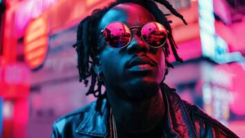 A man with dreadlocks wearing sunglasses standing in front of a neon sign video