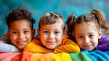A group of three children laying on top of a colorful blanket video