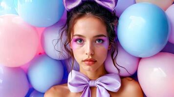 A woman with a bow tie surrounded by balloons video