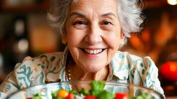 An older woman smiling while holding a bowl of salad video