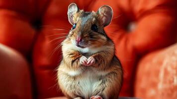 A small hamster sitting on top of a red couch video