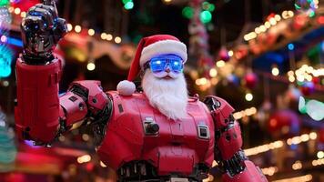 A robot dressed as Santa Claus holding a gun in front of a Christmas tree video
