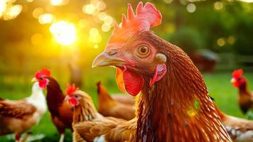 A group of chickens standing on top of a lush green field video