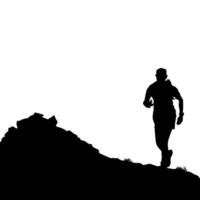 Man walk on the rock silhouette. Hiking sport. Fit for element design, background, banner, backdrop, cover, logotype. Isolated on black background. Eps 10 vector