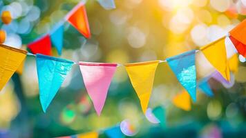 Colorful bunting flags hanging from a string in the air video