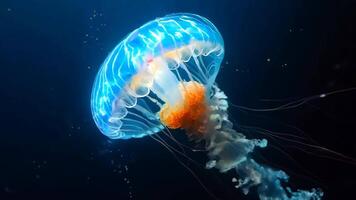 A jellyfish floating in the dark water with its tentacles spread out video