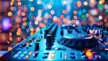 A close up of a dj mixer in front of a colorful background video