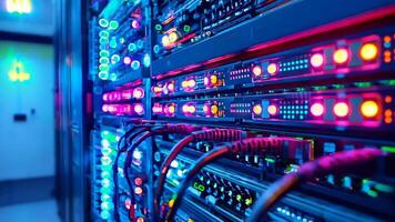 A row of servers in a server room with red and blue lights video