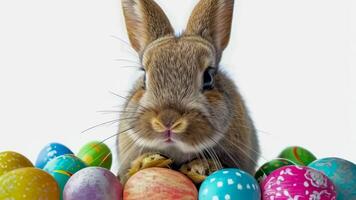 A rabbit sitting next to a pile of colorful easter eggs video