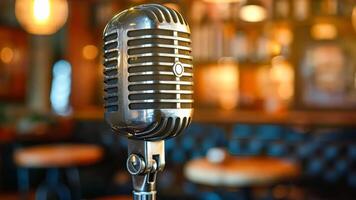 A microphone on a stand in front of a bar video