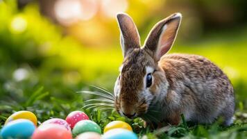 une petit lapin séance dans le herbe suivant à une pile de coloré des œufs video