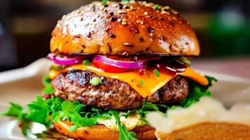 A hamburger with lettuce, tomato, onion, and cheese on a bun video