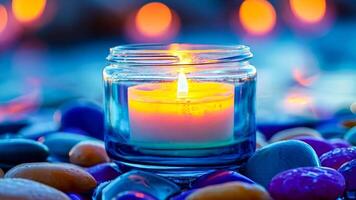 A lit candle sitting on top of a pile of colorful pebbles video