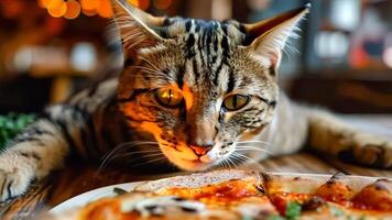 A cat laying on top of a pizza on a table video