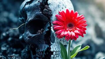 A skull with a red flower sitting on top of it video