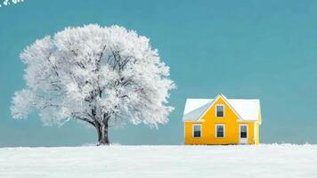 A yellow house in the middle of a snowy field next to a tree video