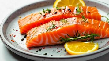 Two pieces of salmon on a plate with lemon slices and herbs video