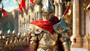 A man in armor holding a sword in front of a building video