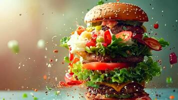 A large hamburger with lettuce, tomato, onion, and cheese on a bun video