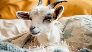 A white goat laying on top of a bed covered in a blanket video