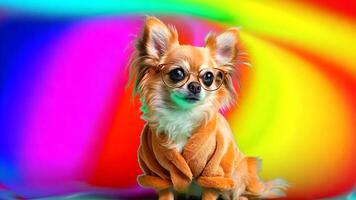 A small chihuahua wearing glasses sitting on top of a colorful background video