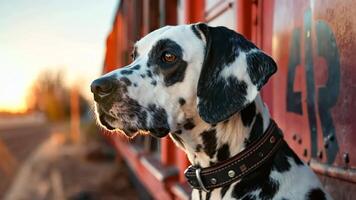 A dalmatian dog sitting in front of a train car video