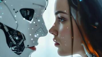 A woman and a robot face to face in a futuristic setting video