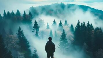 A person standing on top of a mountain looking out over a foggy forest video