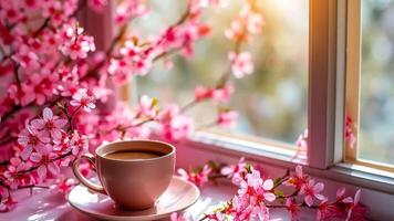 A cup of coffee sitting on a window sill next to a window video