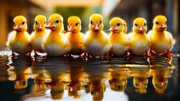 A group of small yellow ducks standing in a row on a puddle of water video