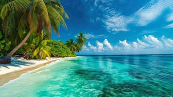 A tropical beach with palm trees on the shoreline video